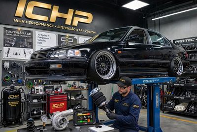 Carro elevado na oficina para trabalho de performance