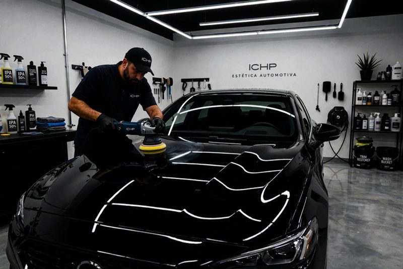 Profissional da ICHP polindo a pintura de um sedã preto